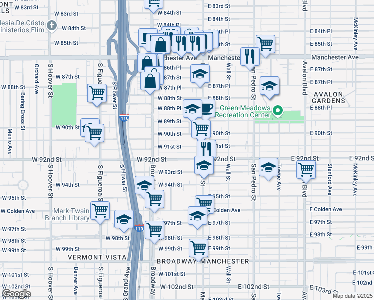 map of restaurants, bars, coffee shops, grocery stores, and more near 129 West 91st Street in Los Angeles
