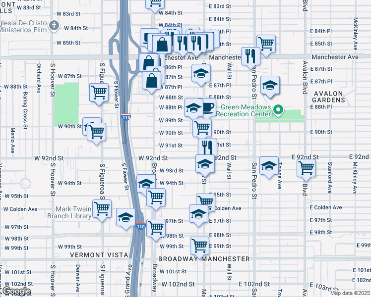 map of restaurants, bars, coffee shops, grocery stores, and more near 129 West 91st Street in Los Angeles
