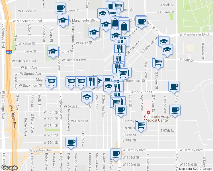 map of restaurants, bars, coffee shops, grocery stores, and more near 104 East Buckthorn Street in Inglewood