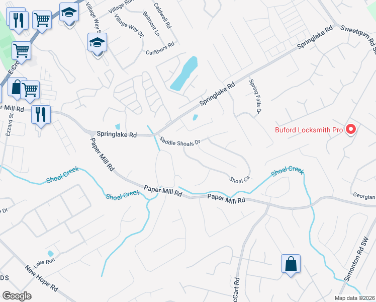 map of restaurants, bars, coffee shops, grocery stores, and more near 520 Saddle Shoals Drive in Lawrenceville
