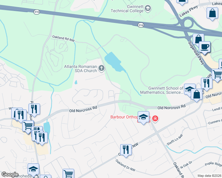 map of restaurants, bars, coffee shops, grocery stores, and more near 1141 Oakland Road Northwest in Lawrenceville