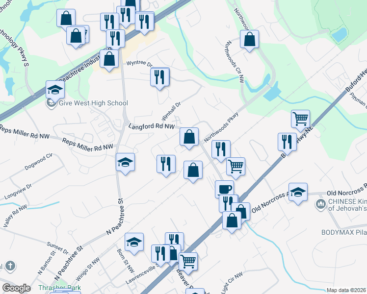 map of restaurants, bars, coffee shops, grocery stores, and more near 2701 Langford Commons Court in Norcross