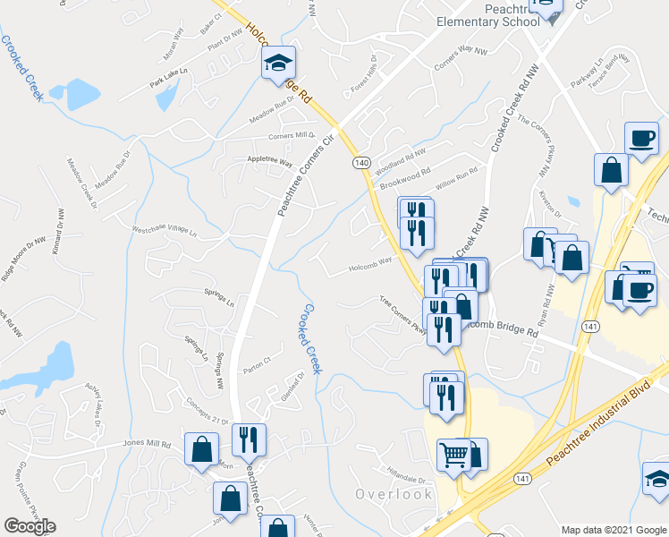 map of restaurants, bars, coffee shops, grocery stores, and more near 6389 Holcomb Way in Norcross
