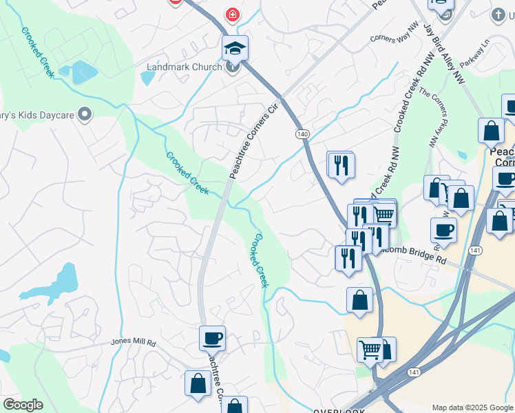 map of restaurants, bars, coffee shops, grocery stores, and more near 6389 Holcomb Way in Norcross