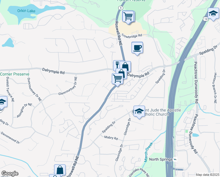 map of restaurants, bars, coffee shops, grocery stores, and more near 7312 Roswell Road in Sandy Springs