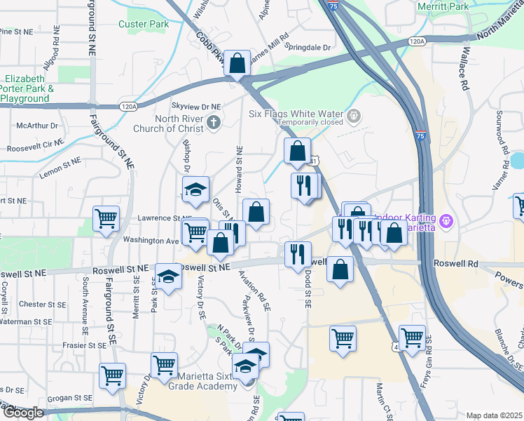map of restaurants, bars, coffee shops, grocery stores, and more near 220 Fender Walk in Marietta