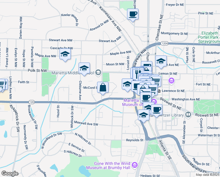 map of restaurants, bars, coffee shops, grocery stores, and more near 92 Hansell St NW in Marietta