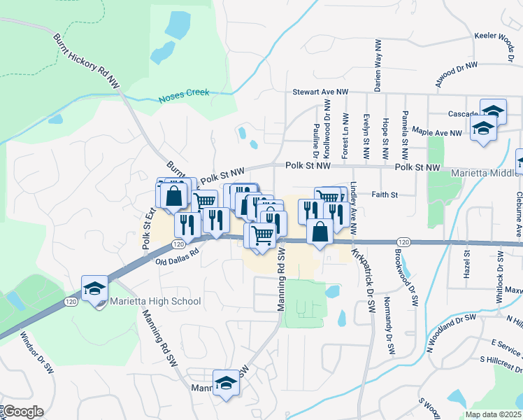 map of restaurants, bars, coffee shops, grocery stores, and more near 751 Mountain View Terrace Northwest in Marietta