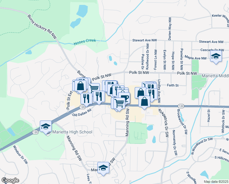 map of restaurants, bars, coffee shops, grocery stores, and more near 855 Mountain View Terrace Northwest in Marietta