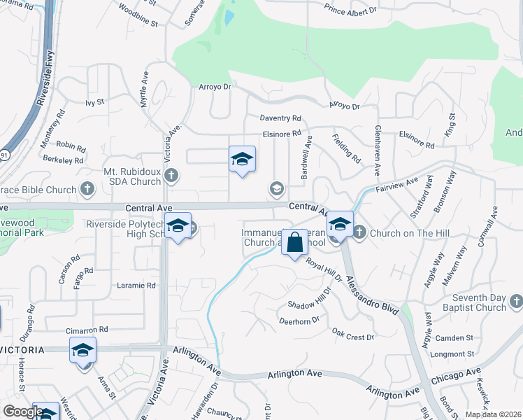 map of restaurants, bars, coffee shops, grocery stores, and more near in Riverside