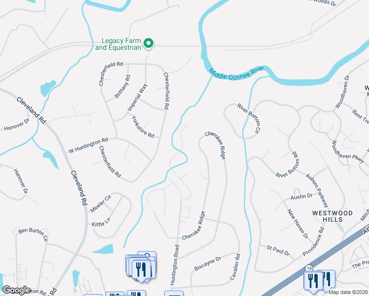 map of restaurants, bars, coffee shops, grocery stores, and more near 224 Huntington Shoals Drive in Athens