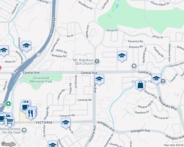 map of restaurants, bars, coffee shops, grocery stores, and more near 5404 Quince Street in Riverside