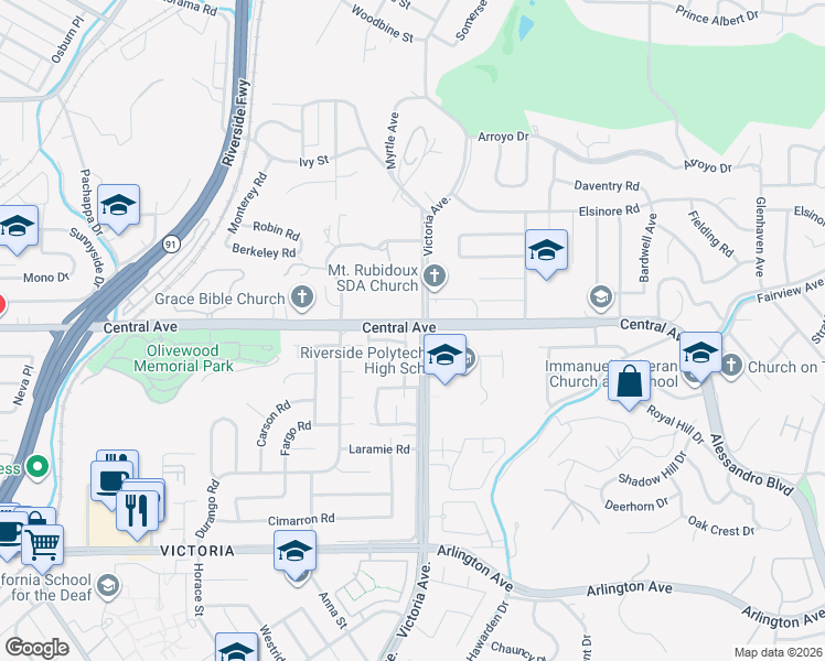 map of restaurants, bars, coffee shops, grocery stores, and more near in Riverside