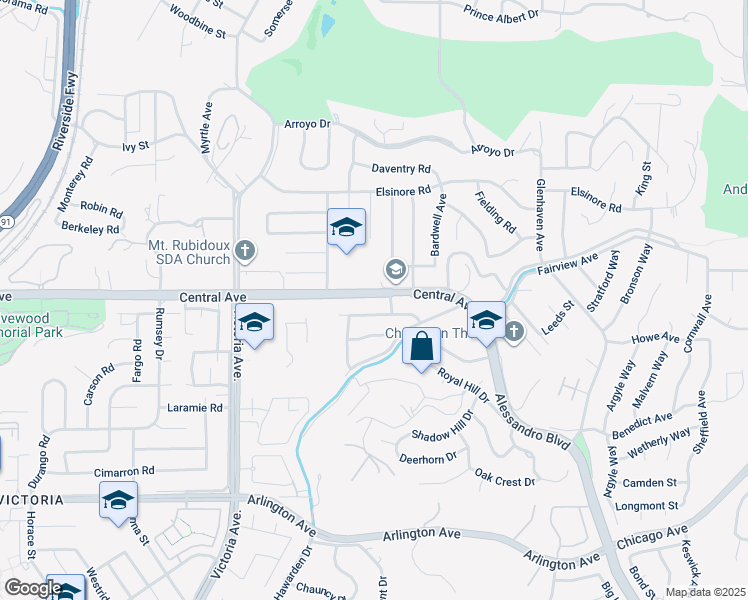 map of restaurants, bars, coffee shops, grocery stores, and more near 2424 Central Avenue in Riverside