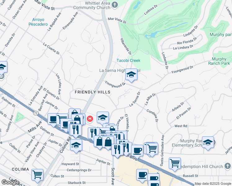map of restaurants, bars, coffee shops, grocery stores, and more near 15280 Youngwood Drive in Whittier