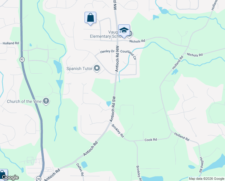 map of restaurants, bars, coffee shops, grocery stores, and more near 60 Antioch Road Southwest in Powder Springs