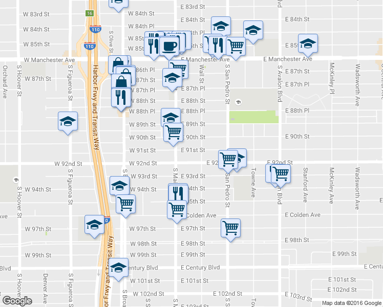 map of restaurants, bars, coffee shops, grocery stores, and more near 151 East 91st Street in Los Angeles