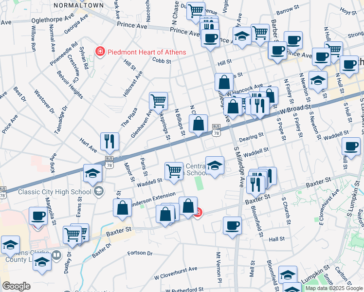map of restaurants, bars, coffee shops, grocery stores, and more near 1226 West Broad Street in Athens