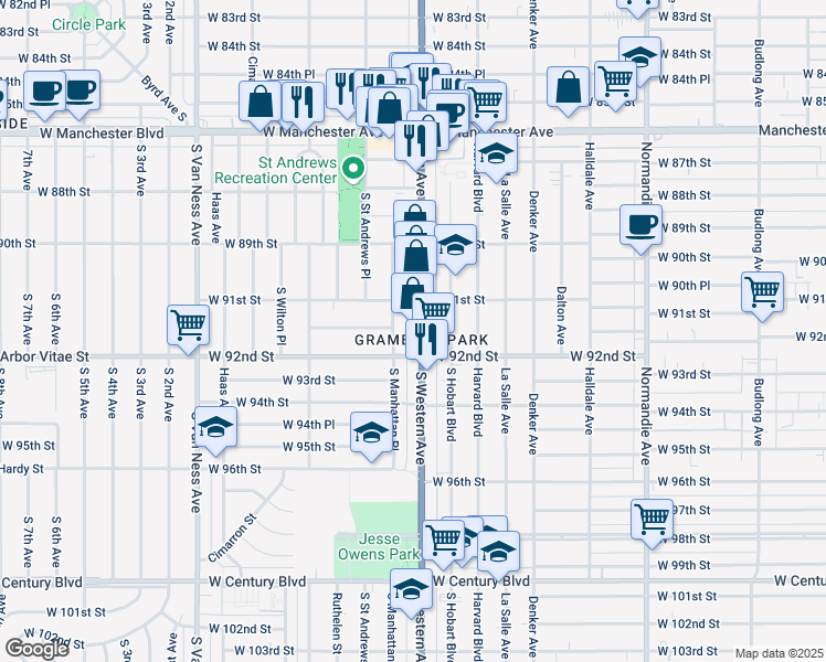 map of restaurants, bars, coffee shops, grocery stores, and more near 9119 South Western Avenue in Los Angeles