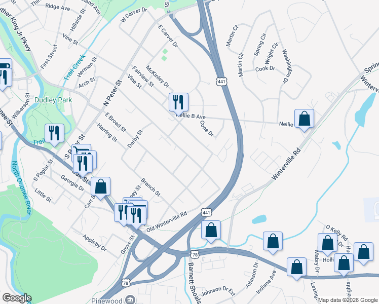 map of restaurants, bars, coffee shops, grocery stores, and more near 656 Vine Street in Athens