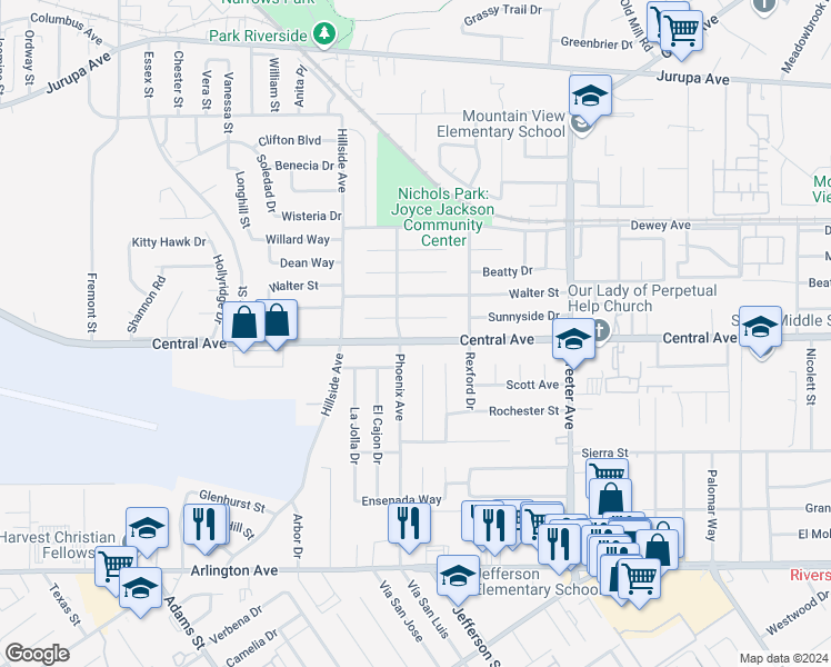 map of restaurants, bars, coffee shops, grocery stores, and more near 5571 Central Avenue in Riverside