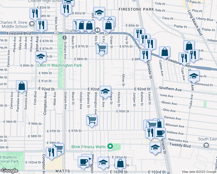 map of restaurants, bars, coffee shops, grocery stores, and more near 1967 East 92nd Street in Los Angeles