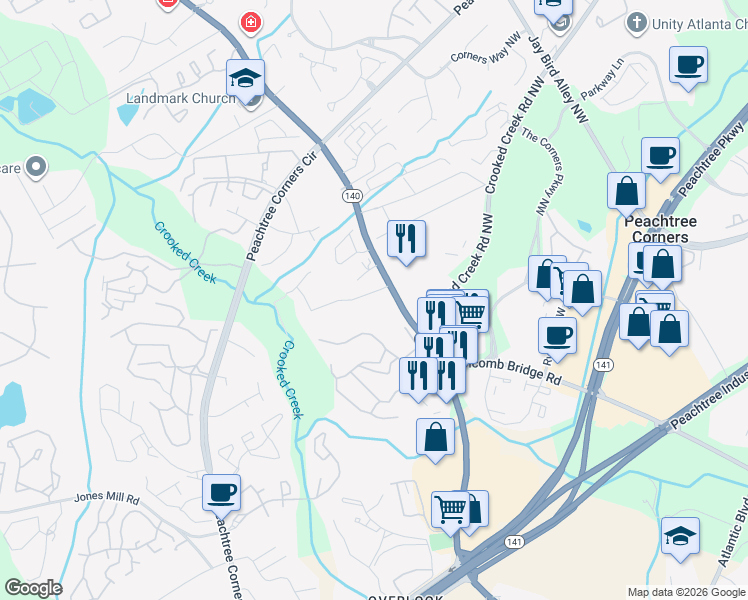 map of restaurants, bars, coffee shops, grocery stores, and more near 3495 Holcomb Bridge Road in Norcross
