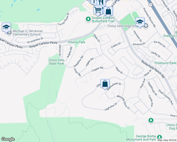 map of restaurants, bars, coffee shops, grocery stores, and more near 4953 Agate Road in Chino Hills