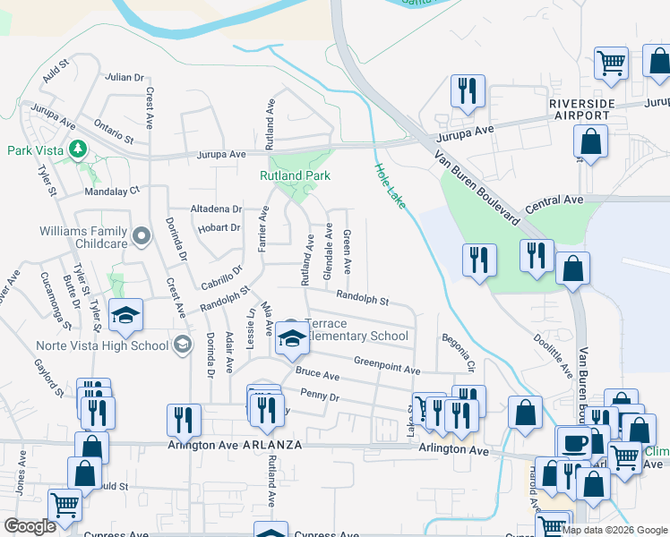 map of restaurants, bars, coffee shops, grocery stores, and more near 6796 Glendale Avenue in Riverside