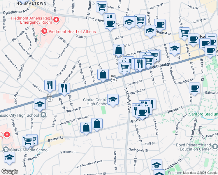 map of restaurants, bars, coffee shops, grocery stores, and more near 550 Dearing Street in Athens