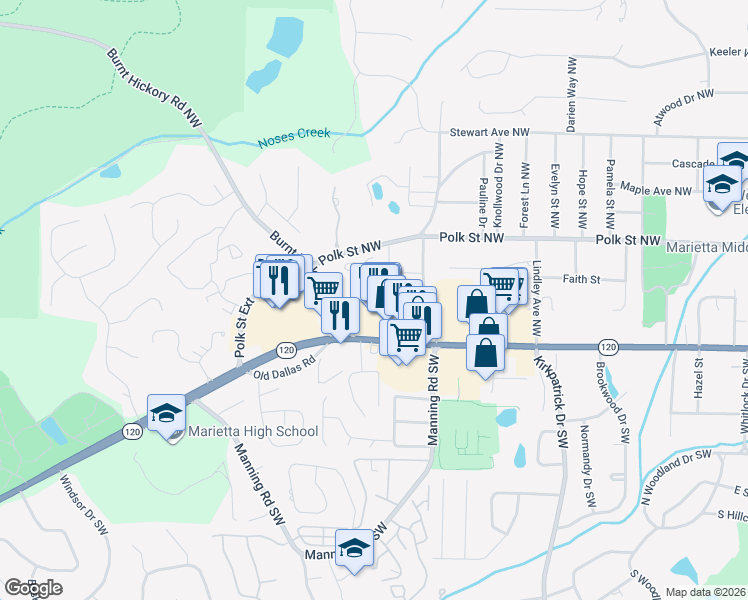 map of restaurants, bars, coffee shops, grocery stores, and more near 827 Mountain View Terrace Northwest in Marietta
