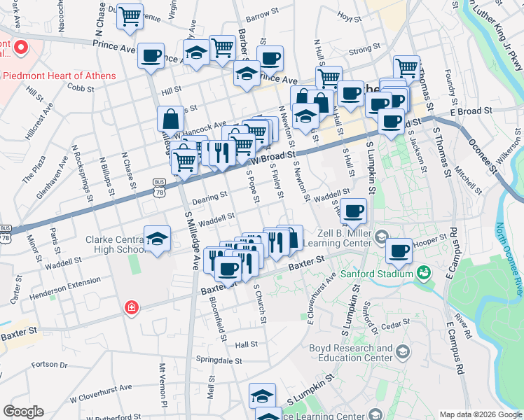 map of restaurants, bars, coffee shops, grocery stores, and more near 285 South Pope Street in Athens