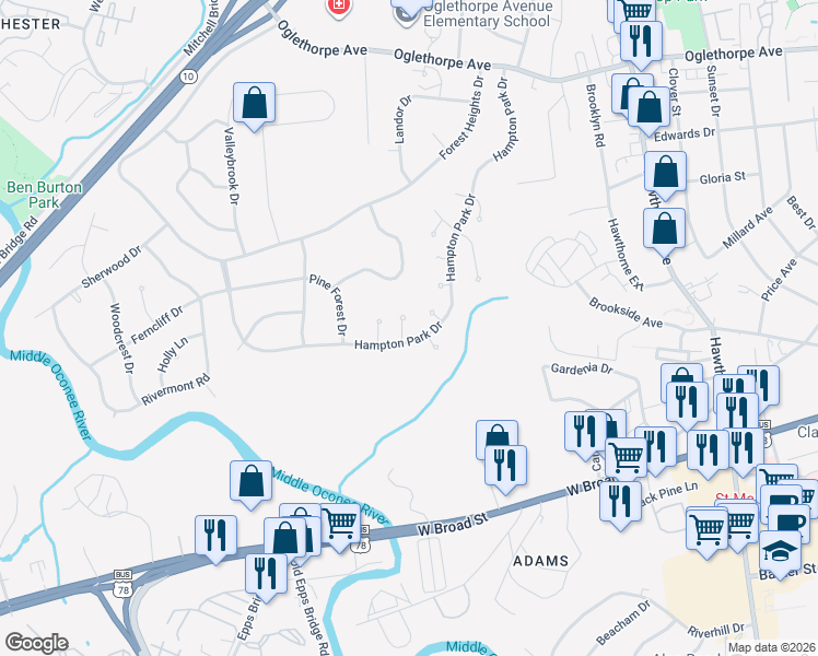 map of restaurants, bars, coffee shops, grocery stores, and more near 602 Creekside Court in Athens