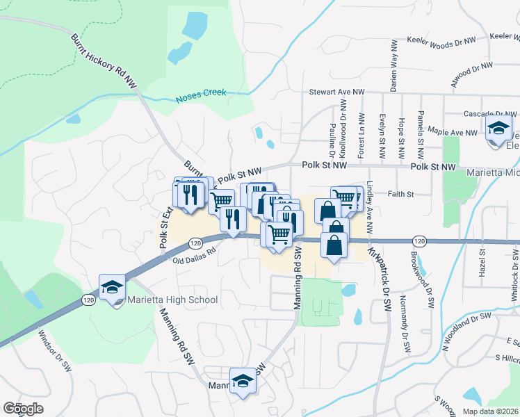 map of restaurants, bars, coffee shops, grocery stores, and more near 803 Mountain View Terrace Northwest in Marietta