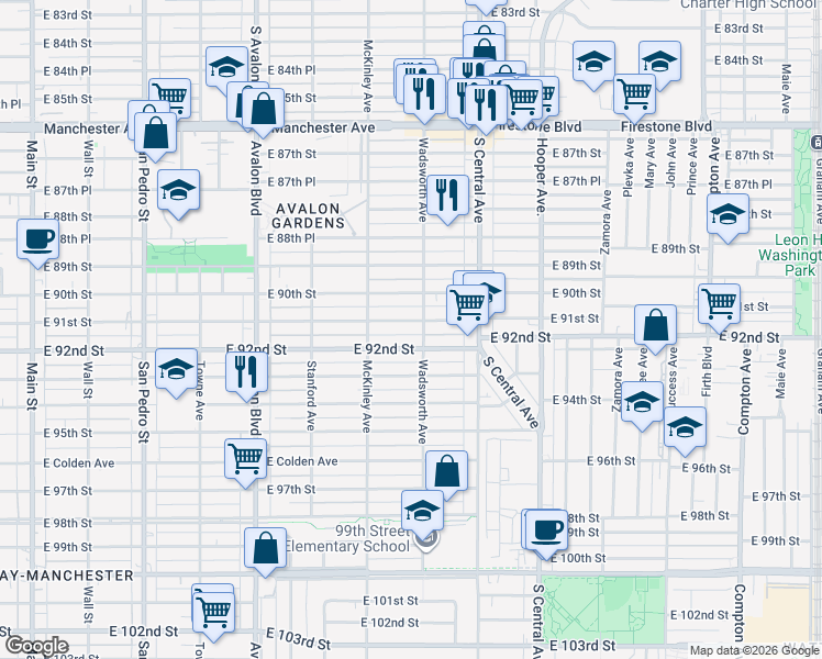 map of restaurants, bars, coffee shops, grocery stores, and more near 846 East 91st Street in Los Angeles