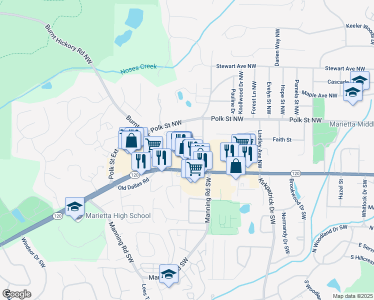 map of restaurants, bars, coffee shops, grocery stores, and more near 855 Mountain View Terrace Northwest in Marietta