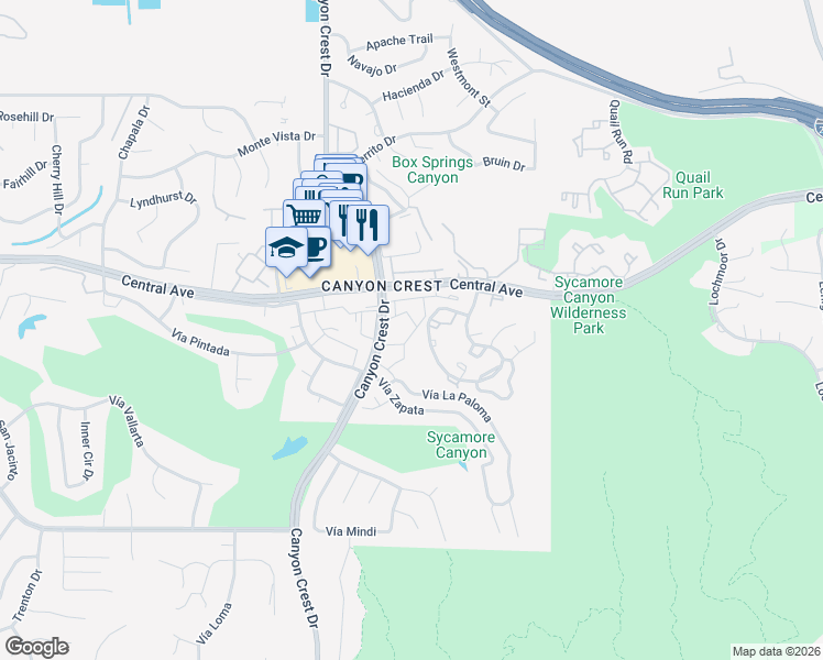 map of restaurants, bars, coffee shops, grocery stores, and more near 891 Vía Mesa Verde in Riverside