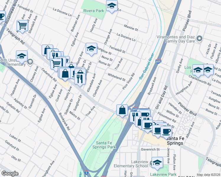 map of restaurants, bars, coffee shops, grocery stores, and more near 8810 True Avenue in Pico Rivera