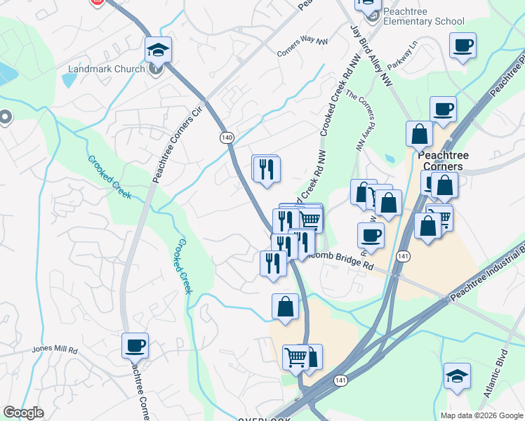 map of restaurants, bars, coffee shops, grocery stores, and more near 3446 Holcomb Bridge Road in Norcross