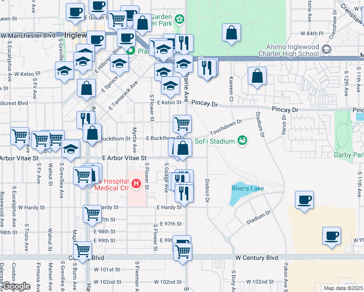 map of restaurants, bars, coffee shops, grocery stores, and more near 813 South Prairie Avenue in Inglewood