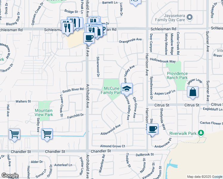 map of restaurants, bars, coffee shops, grocery stores, and more near 7450 Eastvale Parkway in Eastvale