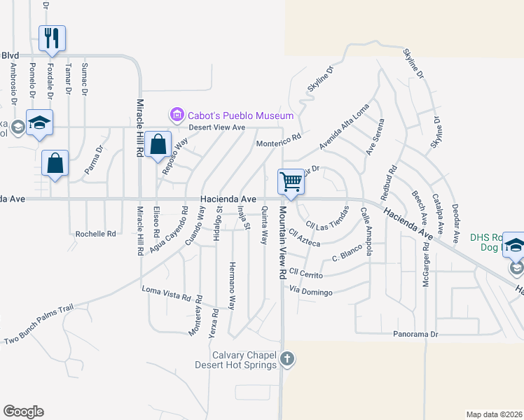map of restaurants, bars, coffee shops, grocery stores, and more near 67883 Hacienda Avenue in Desert Hot Springs