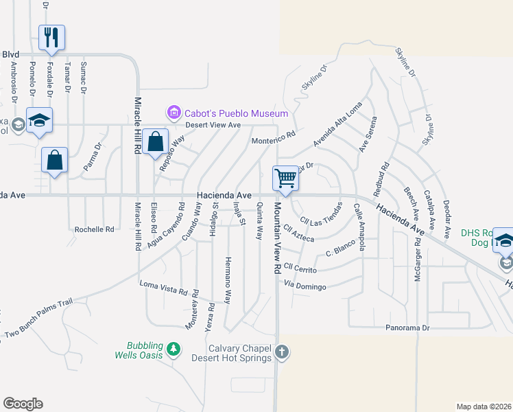 map of restaurants, bars, coffee shops, grocery stores, and more near 67890 Alameda Drive in Desert Hot Springs