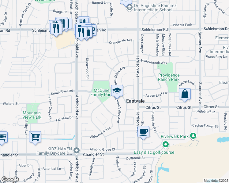 map of restaurants, bars, coffee shops, grocery stores, and more near 7392 Corona Valley Avenue in Corona