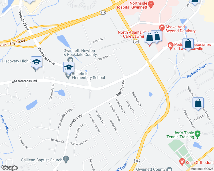 map of restaurants, bars, coffee shops, grocery stores, and more near Old Norcross Road in Lawrenceville