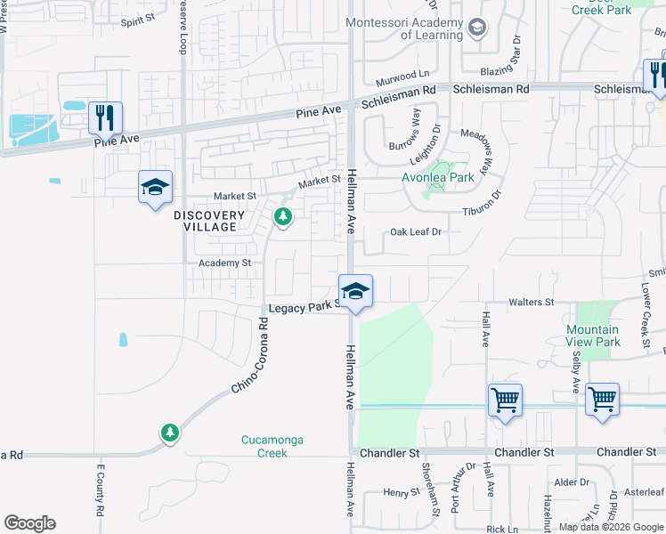 map of restaurants, bars, coffee shops, grocery stores, and more near 16538 Globetrotter Avenue in Chino