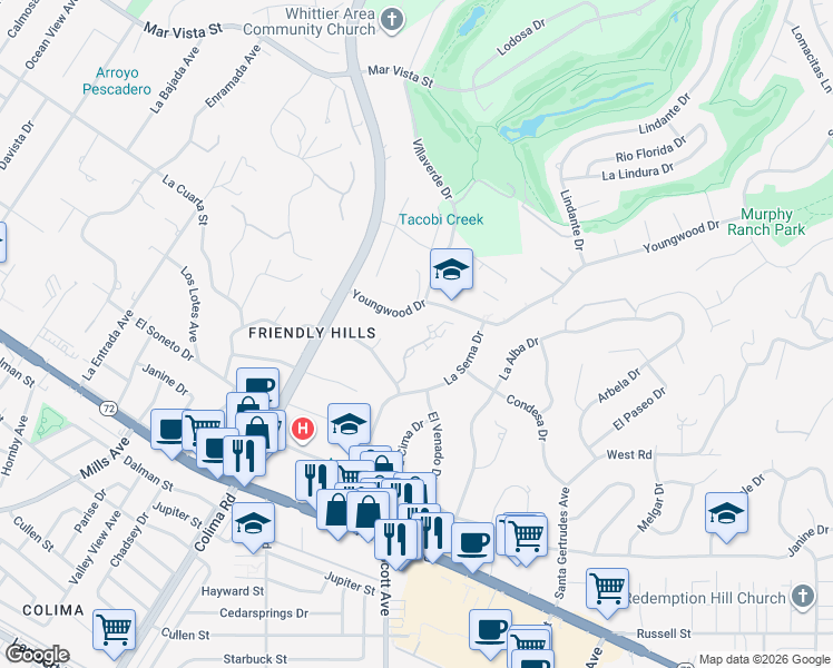 map of restaurants, bars, coffee shops, grocery stores, and more near 9455 Friendly Woods Lane in Whittier