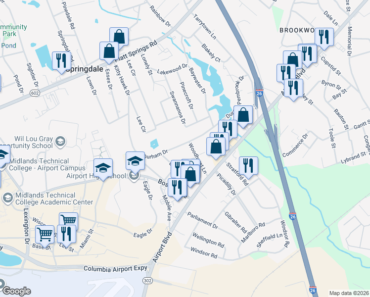 map of restaurants, bars, coffee shops, grocery stores, and more near 2217 Durham Drive in West Columbia