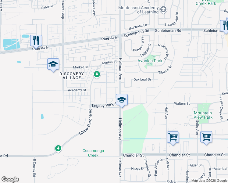 map of restaurants, bars, coffee shops, grocery stores, and more near 16538 Globetrotter Avenue in Chino
