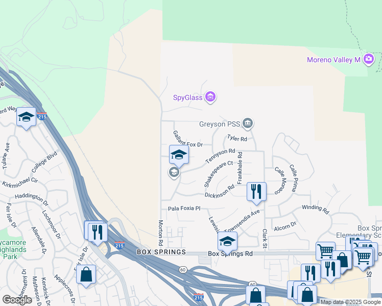 map of restaurants, bars, coffee shops, grocery stores, and more near 21170 Boccaccio Court in Moreno Valley